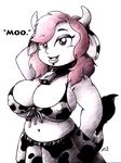 animal_humanoid big_breasts bovine breasts cleavage clothed clothing collar cow_humanoid cowbell dialogue drake_fenwick english_text erect_nipples facial_piercing female hair horn humanoid lip_piercing mammal nipples piercing pink_hair pose raised_arm skimpy smile solo text 