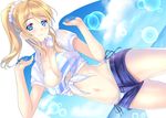  ayase_eli bad_id bad_pixiv_id bikini bikini_under_clothes blonde_hair blue_eyes blush breasts bubble cleavage cowboy_shot front-tie_top gorua_(youce01) large_breasts long_hair looking_at_viewer love_live! love_live!_school_idol_project midriff navel open_fly panties ponytail shirt short_shorts shorts smile solo striped striped_bikini swimsuit swimsuit_under_clothes tied_shirt underwear unzipped 
