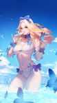  bikini blonde_hair blue_eyes bow breasts bug butterfly deviantart_sample food hair_bow highres image_sample insect instant_ip long_hair navel o-ring o-ring_top original pinky_out popsicle solo swimsuit thighs water 