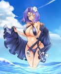  ass_visible_through_thighs bikini breasts cloud day flower ginto hair_flower hair_ornament highleg highleg_bikini highleg_swimsuit kantai_collection large_breasts navel one_eye_closed purple_eyes purple_hair sarong see-through short_hair sky solo swimsuit tatsuta_(kantai_collection) thigh_gap wading water 