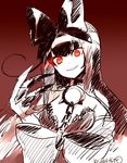  artist_name black_hair bow breasts claws cleavage glowing glowing_eyes grin hair_bow kantai_collection large_breasts long_hair red_eyes seaplane_tender_hime shinkaisei-kan smile solo upper_body yuzuki_gao 