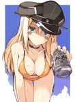  alcohol asahi_breweries beer beer_can bikini bismarck_(kantai_collection) blonde_hair blue_eyes blush breasts can cleavage cloud day giving hat highres kantai_collection leaning_forward long_hair looking_at_viewer medium_breasts oota_yuuichi orange_bikini peaked_cap sky solo swimsuit 