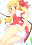  3: ascot ass blonde_hair blush embarrassed flandre_scarlet frown highres looking_at_viewer panties pantyshot red_eyes side_ponytail solo thighs touhou tsurime underwear upskirt wavy_mouth white_panties wings yuimari 