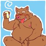  belly boar chubby drunk fur male mammal muscles nipples nude open_mouth overweight porcine simple_background tongue tongue_out unknown_artist 