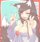  absurdres animal_ears blush blush_stickers breasts cleavage cube85 double_v fang heart highres imaizumi_kagerou large_breasts long_hair red_eyes smile sparkle tail touhou v wolf_ears wolf_tail 