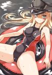  bismarck_(kantai_collection) blonde_hair blue_eyes blush breasts cameltoe competition_swimsuit hat highres impossible_clothes innertube kantai_collection large_breasts long_hair looking_at_viewer military_hat one-piece_swimsuit oota_yuuichi peaked_cap smile solo swimsuit water wet 