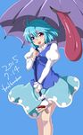  artist_name badbamboo blue_eyes blue_hair blue_skirt blush commentary_request dated heterochromia highres holding holding_umbrella juliet_sleeves karakasa_obake legs long_sleeves looking_at_viewer puffy_sleeves red_eyes short_hair skirt smile solo standing tatara_kogasa tongue tongue_out touhou umbrella vest 