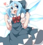  :d blue_eyes blue_hair blush bow cirno do_(4-rt) dress fang fist_pump hair_bow heart ice ice_wings jumping large_bow looking_at_viewer open_mouth smile solo touhou wings 