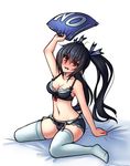  angry arm_support black_hair blush bra breasts cleavage clenched_teeth garter_belt grimace hair_ribbon lingerie long_hair medium_breasts monorus navel neptune_(series) no noire panties pillow red_eyes rejection ribbon sitting solo teeth thighhighs twintails underwear wariza yes-no_pillow 