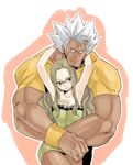  1boy 1girl biceps breasts brown_hair cleavage dark_skin elfman evergreen fairy_tail glasses hug hug_from_behind mashima_hiro muscle official_art scar short_dress simple_background spiked_hair strapless_dress white_hair wristband wristbands 