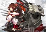  breasts brown_hair cannon character_name cowboy_shot detached_sleeves flower hair_flower hair_ornament hip_vent kantai_collection large_breasts long_hair machinery mecha_musume miniskirt oriental_umbrella ponytail red_eyes red_umbrella shell shell_bikini shirokitsune skirt smile smoke solo umbrella yamato_(kantai_collection) 