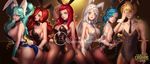  5girls alternate_costume alternate_hairstyle animal_ears aqua_eyes aqua_hair ashe_(league_of_legends) ass black_legwear blonde_hair blue_eyes breasts bunny_ears bunny_girl bunny_tail bunnysuit citemer come_hither ezreal fishnet_pantyhose fishnets forehead from_side hair_over_one_eye hand_over_eye highres jinx_(league_of_legends) katarina_du_couteau large_breasts league_of_legends lips long_hair looking_at_viewer multiple_girls odd_one_out off_shoulder pantyhose parted_lips red_hair sarah_fortune scar scar_across_eye short_hair sideboob silver_hair sona_buvelle spiked_hair tail twintails unmoving_pattern very_long_hair wavy_hair 