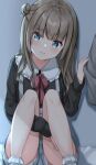  1girl bangs black_shirt blue_eyes blush bobby_socks bow brown_hair closed_mouth collared_shirt commentary_request eyebrows_visible_through_hair feet_out_of_frame frilled_shirt_collar frills hair_bun head_tilt hugging_own_legs keiran_(ryo170) knees_up long_hair long_sleeves original red_bow shirt short_shorts shorts side_bun socks solo_focus suspenders white_legwear white_shorts 