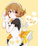 apron bad_id bad_pixiv_id blush bow brown_hair clenched_hands frilled_sleeves frills koizumi_hanayo love_live! love_live!_school_idol_project maid maid_apron maid_headdress mogyutto_&quot;love&quot;_de_sekkin_chuu! purin_(purin0) purple_eyes short_hair short_sleeves simple_background solo tan_background wristband yellow_bow 