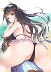  ass beach bikini black_bikini black_eyes black_hair blush breasts cameltoe frilled_bikini frills goggles goggles_on_head granblue_fantasy jessica_(granblue_fantasy) long_hair looking_back medium_breasts namanie open_mouth simple_background solo swimsuit white_background 