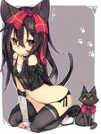  animal_ears arched_back arm_support bandages bare_shoulders black_gloves black_hair black_legwear black_panties boots bow breasts cat cat_ears cat_tail choker elbow_gloves gloves hair_between_eyes hair_bow hair_ornament highres kneeling long_hair lyu original panties paw_pose side-tie_panties single_elbow_glove small_breasts solo tail thigh_boots thighhighs underwear yellow_eyes 