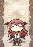  ascot bat_wings blush book chibi d: head_wings holding holding_book koakuma long_hair looking_at_viewer low_wings nekoguruma o_o open_mouth pointy_ears red_hair skirt solo touhou v_arms vest wide_face wide_oval_eyes wings 