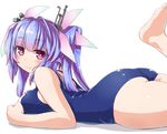  :3 ass bad_id bad_nicoseiga_id bare_shoulders barefoot blue_hair blush breasts dd_(ijigendd) hair_ornament hair_ribbon i-19_(kantai_collection) kantai_collection large_breasts leg_up long_hair looking_at_viewer lying on_stomach one-piece_swimsuit red_eyes ribbon school_swimsuit simple_background smile solo star star-shaped_pupils swimsuit symbol-shaped_pupils tareme the_pose thick_thighs thighs twintails white_background 