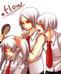  1girl 2boys artist_request bangs brush brushing_another's_hair commentary_request copyright_name hair_brushing hand_on_another's_shoulder holding kaibutsu multiple_boys necktie open_mouth school_uniform sidelocks silver_hair simple_background smile sweatdrop tongue tongue_out white_background 