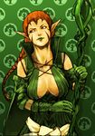  bare_shoulders best_regards_mr braid breasts brown_eyes brown_hair cape gloves green_gloves green_lipstick highres large_breasts lipstick magic:_the_gathering makeup nissa_revane pointy_ears sash single_braid solo staff 