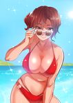  adjusting_eyewear bare_shoulders bikini breasts brown_eyes brown_hair collarbone commentary_request glasses highres large_breasts meiko navel noboes o-ring o-ring_bottom red_bikini short_hair side_ponytail smile solo standing stomach sunglasses swimsuit vocaloid 