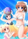  :d ;d ball banana_boat beachball bikini blonde_hair blue_eyes blue_hair brown_hair minami_shinju multiple_girls one_eye_closed open_mouth original purple_eyes red_eyes short_hair smile swimsuit twintails 