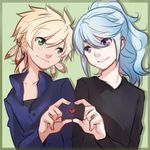  alternate_hair_color blonde_hair blue_hair feathers green_eyes heart heart_hands heart_hands_duo lowres male_focus mikleo_(tales) multiple_boys ponytail purple_eyes smile sorey_(tales) spoilers tales_of_(series) tales_of_zestiria tusia yaoi 
