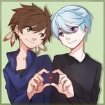  blue_hair brown_hair feathers green_eyes heart heart_hands heart_hands_duo lowres male_focus mikleo_(tales) multiple_boys purple_eyes smile sorey_(tales) tales_of_(series) tales_of_zestiria tusia yaoi 