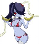  1girl banana bikini blue_skin breasts cleavage food fruit hair_over_one_eye leviathan_(skullgirls) misaki_naoe red_eyes side_ponytail simple_background skullgirls squigly_(skullgirls) stitched_mouth swimsuit thighhighs zombie 