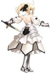  absurdres armor armored_boots armored_dress artoria_pendragon_(all) backless_outfit bare_back black_ribbon blonde_hair boots fate/stay_night fate/unlimited_codes fate_(series) from_behind full_body gauntlets highres higurashi_ryuuji holding holding_sword holding_weapon looking_at_viewer official_art ponytail ribbon saber saber_lily solo sword transparent_background weapon yellow_eyes 