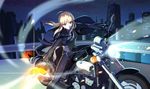  ahoge artoria_pendragon_(all) blonde_hair excalibur fate/zero fate_(series) formal glowing glowing_sword glowing_weapon green_eyes ground_vehicle highres motor_vehicle motorcycle pant_suit riding saber solo suit vmax-ver weapon yamaha_v-max 