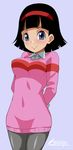  arms_behind_back black_hair blue_eyes blush breasts covered_navel dragon_ball dragon_ball_z grey_background grey_legwear hairband highres long_sleeves medium_breasts pantyhose shikapu short_hair signature smile solo sweater videl 