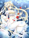  bare_shoulders bead_bracelet beads bishoujo_senshi_sailor_moon blonde_hair blue_eyes bow bracelet breasts cleavage crescent double_bun facial_mark flower forehead_mark hair_beads hair_flower hair_ornament hairpin jewelry large_breasts long_hair mermaid monster_girl monsterification petals princess_serenity red_flower red_rose rose shirataki_kaiseki smile solo tsukino_usagi twintails underwater white_bow 