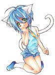  1boy ahoge animal_ears blue_hair cat_ears child green_eyes kneeling necktie riko_(kujira215) simple_background solo tail traditional_media 