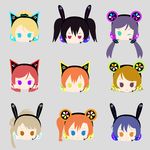  ;) animal_ears ayase_eli black_hair blonde_hair blue_eyes blue_hair blush brown_eyes bunny_ears cat_ears face fake_animal_ears flat_color green_eyes grey_background hair_tubes hairband half-closed_eyes headphones headset hoshizora_rin ko_(xhanabi) koizumi_hanayo kousaka_honoka looking_at_viewer love_live! love_live!_school_idol_festival love_live!_school_idol_project minami_kotori monkey_ears multiple_girls nishikino_maki no_pupils one_eye_closed purple_eyes red_hair simple_background smile sonoda_umi toujou_nozomi twintails two_side_up yazawa_nico 