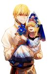  1girl artoria_pendragon_(all) blonde_hair carrying child fate/stay_night fate_(series) flower gilgamesh hat highres jisue10 red_eyes saber shirako_miso short_hair smile time_paradox traditional_clothes veil younger 