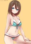  :d akky_(akimi1127) blue_eyes breasts brown_hair cleavage collarbone cowboy_shot front-tie_bikini front-tie_top grin hair_ornament hairclip highres kantai_collection large_breasts looking_at_viewer looking_to_the_side maya_(kantai_collection) midriff open_mouth orange_background pleated_skirt remodel_(kantai_collection) short_hair simple_background sketch skirt smile solo swimsuit twitter_username v-shaped_eyebrows 