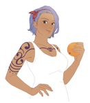  black_eyes blue_hair breasts cleavage dark_skin food fruit hairband hand_on_hip looking_at_viewer mushisotisis nojiko one_piece orange short_hair sleeveless smile solo tattoo upper_body 