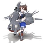  alternate_costume blush brown_eyes brown_hair hair_between_eyes hand_on_own_stomach headgear highres kaga_(battleship) kaga_(kantai_collection) kantai_collection light_smile midriff navel redundant-cat side_ponytail skirt solo turret 