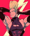  bare_shoulders blonde_hair blue_eyes cleavage_cutout earrings ekubo_(ciaobero) elbow_gloves fingerless_gloves flattop gloves halter_top halterneck jewelry male_focus muscle nikaidou_benimaru one_eye_closed solo the_king_of_fighters 