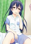  bed black_hair blush love_live! love_live!_school_idol_project masturbation masturbation_through_clothing pajamas shorts sitting solo sonoda_umi suzume_miku tears yellow_eyes 