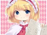  alice_margatroid bad_id bad_pixiv_id blonde_hair blue_eyes blush capelet commentary_request hairband hammer_(sunset_beach) lolita_hairband looking_at_viewer marriage_certificate_(object) necktie short_hair smile solo touhou upper_body white_capelet 