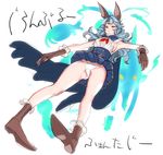  animal_ears blue_hair boots breasts brown_eyes brown_gloves cape character_request from_below full_body gloves knee_boots long_hair panties pigeon-toed sash sideboob solo tetsu_(kimuchi) translation_request underwear upskirt white_panties 