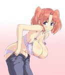  bent_over blue_eyes blush bra breasts bursting_breasts hanging_breasts large_breasts mikakunin_de_shinkoukei nipple_slip nipples orange_hair panties solo strap_gap tareme twintails two_side_up underwear undressing yonomori_kobeni zakoisuto 