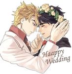  ascot black_hair black_jacket black_neckwear blonde_hair blue_eyes bow bowtie brooch closed_eyes collared_shirt couple english eyelashes flower forehead-to-forehead formal from_side hand_on_another's_head happy head_wreath husband_and_husband jacket jewelry jojo_no_kimyou_na_bouken jonathan_joestar looking_at_another male_focus multiple_boys parted_lips profile red_bow red_neckwear red_shirt rose shirt simple_background smile suit suna_(signi57tifato) typo white_background white_flower white_jacket white_rose white_shirt wing_collar yaoi 
