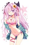  ;o alternate_hairstyle bikini bikini_under_clothes blush breasts flower fox_mask hair_flower hair_ornament hair_ribbon hata_no_kokoro jewelry long_hair mask maturiuta_sorato navel necklace noh_mask off_shoulder one_eye_closed open_clothes open_shirt pink_bikini pink_eyes pink_hair plaid plaid_bikini plaid_shirt revision ribbon shirt small_breasts solo star sunflower swimsuit thigh_ribbon touhou twintails 