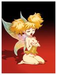  1girl blonde_hair breasts daga dragon&#039;s_crown dragon's_crown eyes_closed fairy gradient gradient_background nipples open_mouth pubic_hair sitting solo tiki_(dragon&#039;s_crown) tiki_(dragon's_crown) twintails wings 