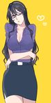  ashigara_(kantai_collection) bespectacled black_hair breasts brown_eyes casual cleavage crossed_arms glasses hairband head_tilt kantai_collection large_breasts long_hair meron one_eye_closed skirt solo wavy_hair 