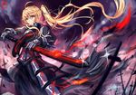  armor armored_dress artoria_pendragon_(all) bingyuheizhiyan blonde_hair dark_excalibur dress fate/stay_night fate_(series) long_hair saber_alter side_ponytail solo sword very_long_hair weapon yellow_eyes 