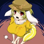 animal_ears beret blonde_hair breasts bunny_ears bunny_tail collarbone dango fang food from_above hat large_breasts oro_(zetsubou_girl) red_eyes ringo_(touhou) skewer solo tail touhou wagashi 